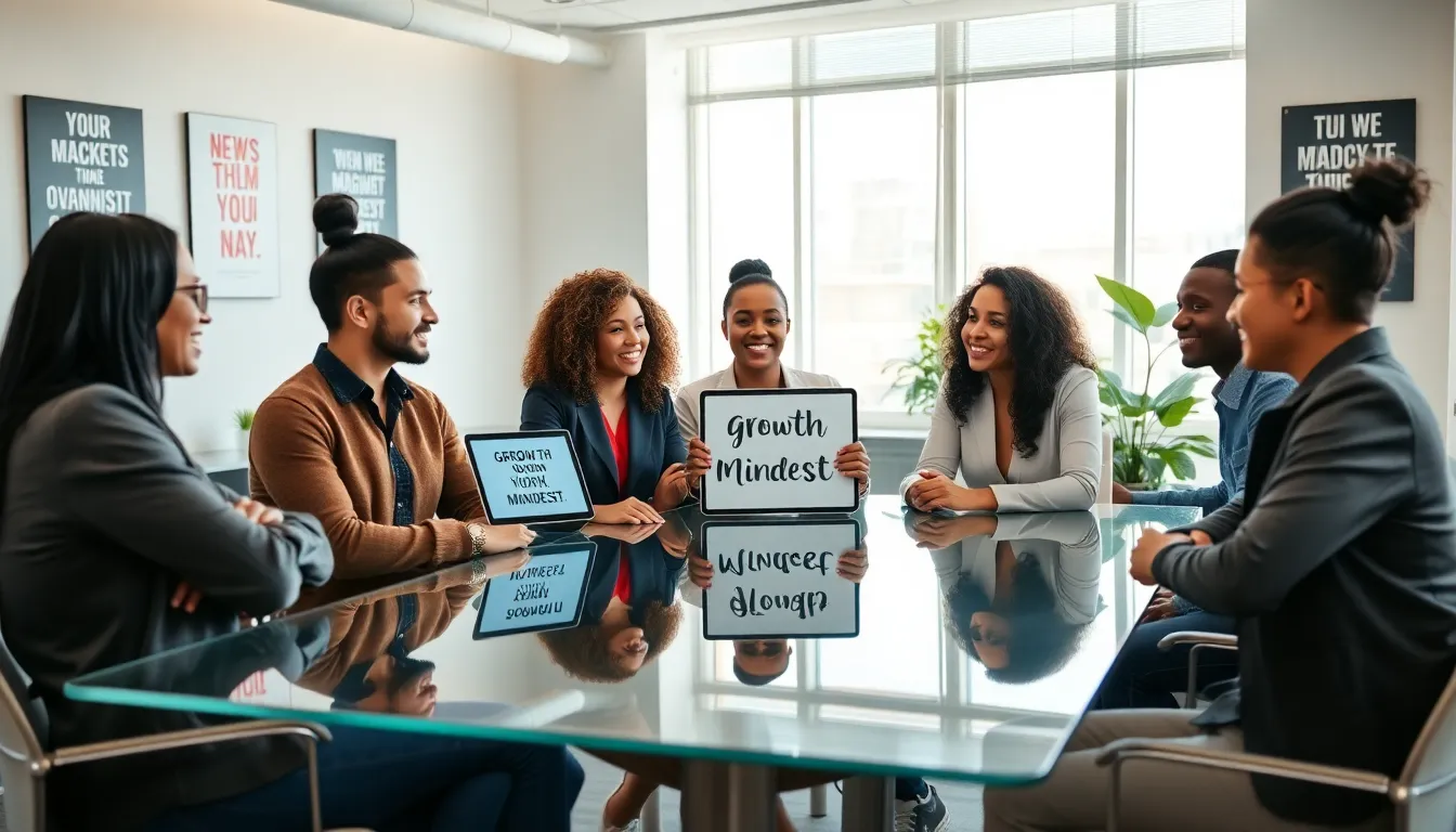 diverse team discussing growth mindset in a modern office.