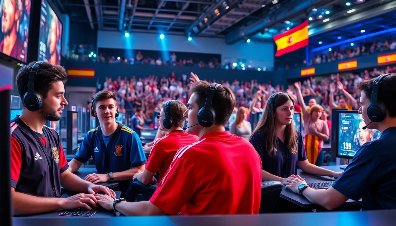 diverse gamers competing in a modern esports arena.