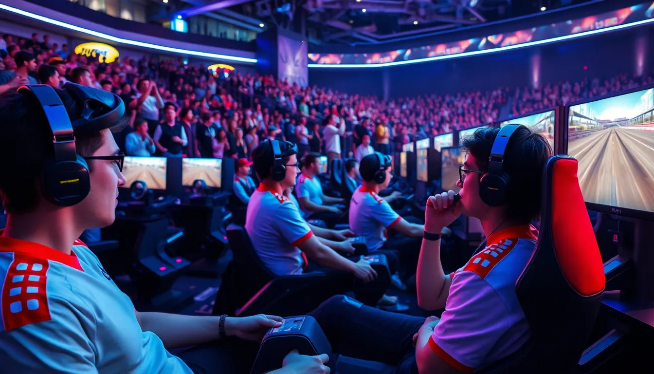 gamers competing in Forza Esports in a modern gaming arena.