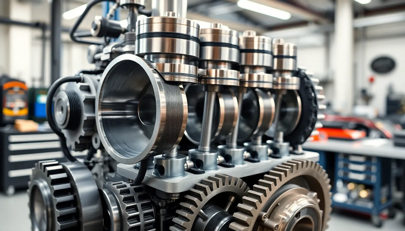 pistons and gears in a modern engine workshop.