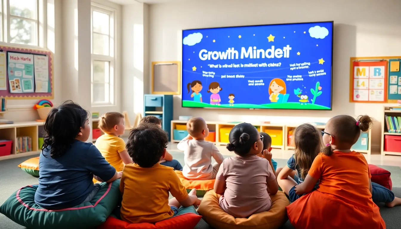 children watching an engaging growth mindset video in a vibrant classroom.