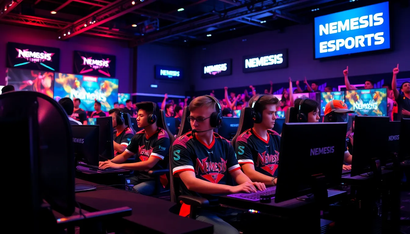 diverse esports team competing in a modern gaming arena.