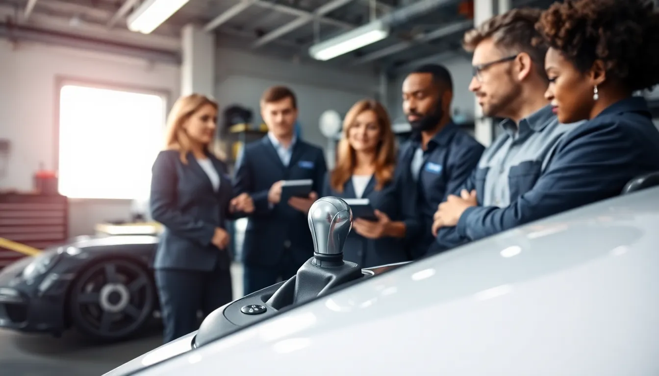 automotive professionals explaining gear shift terminology in a workshop.