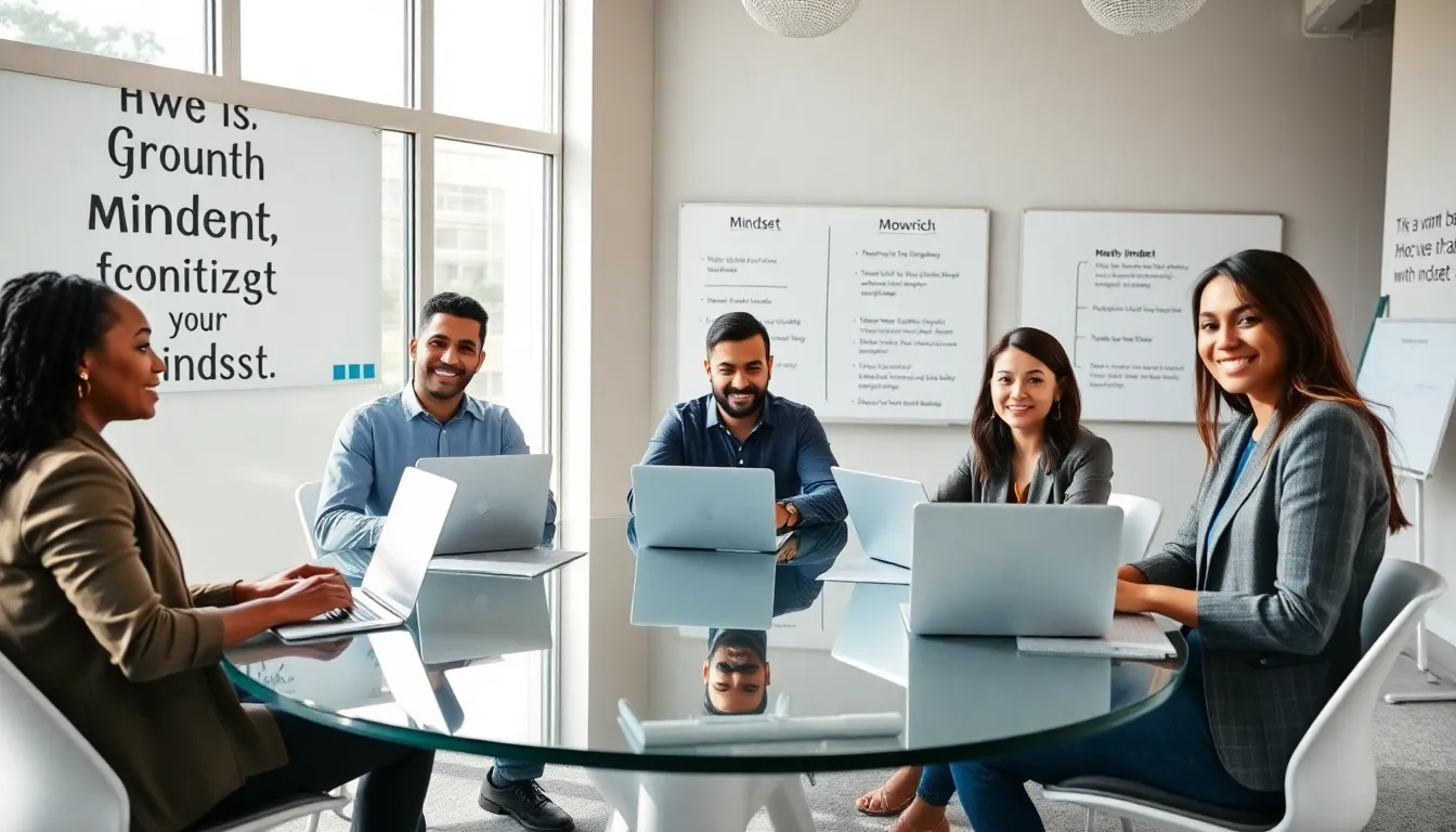 diverse team discussing mindset transformation in a modern office.