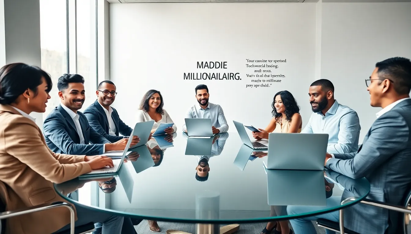 diverse professionals discussing the millionaire mindset in a modern office.