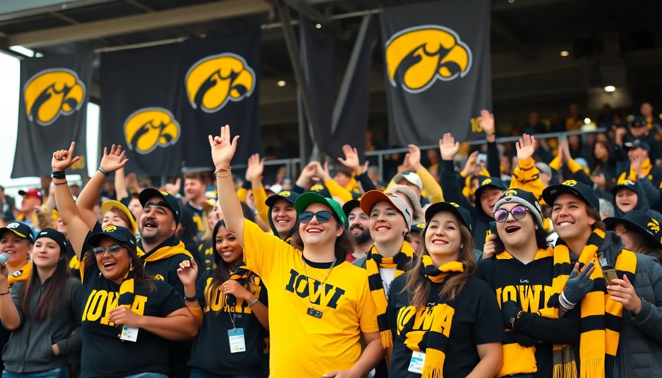 diverse fans wearing Iowa Hawkeyes gear in a festive outdoor setting.